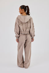 Applique Cropped Zip Hoodie & Wide Leg Jogger - Washed Taupe
