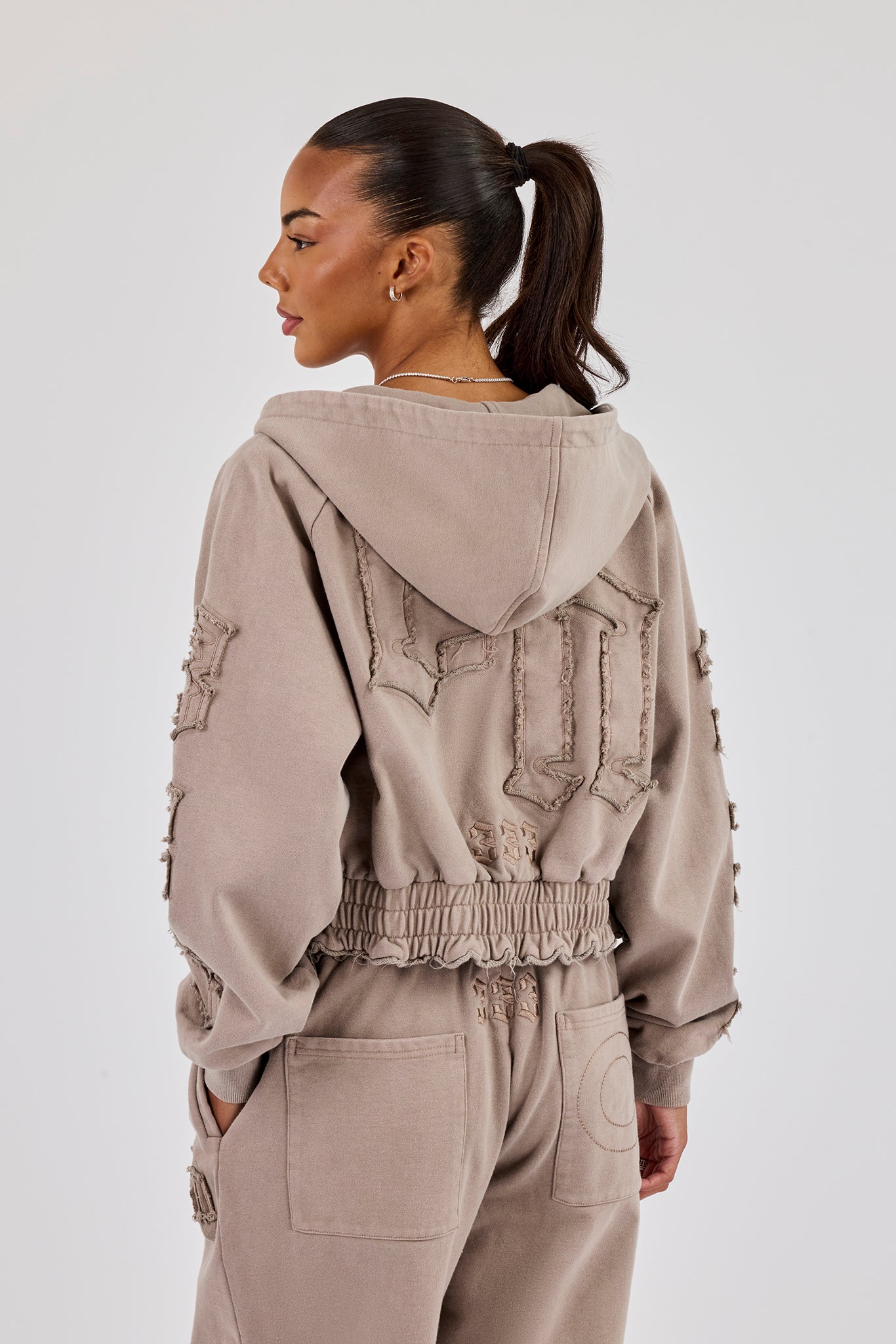 Applique Cropped Zip Hoodie - Washed Taupe