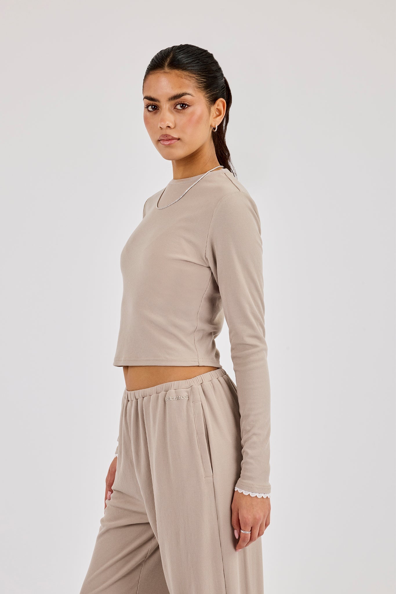 Soft Touch Ribbed Long Sleeve T-Shirt - Taupe