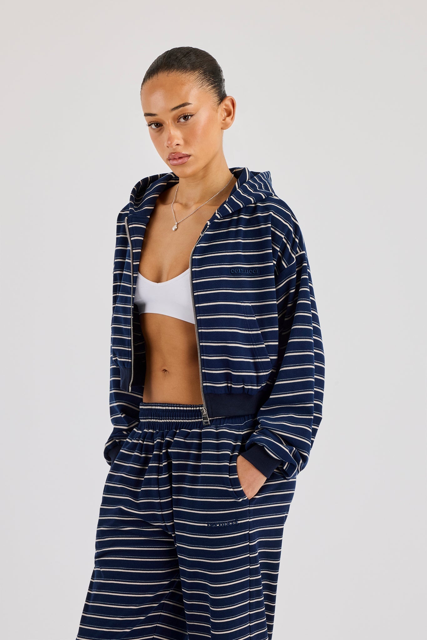 Soft Touch Stripe Zip Through Hoodie - Navy