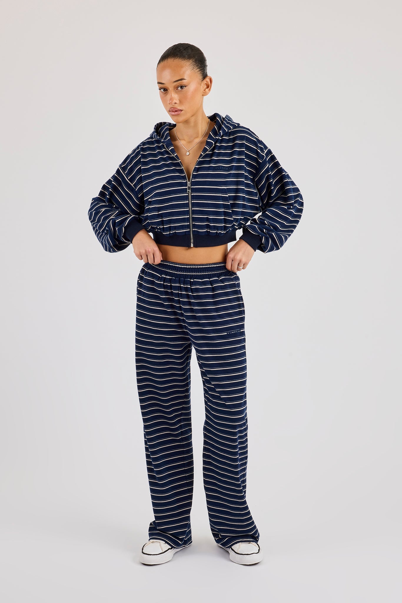 Soft Touch Stripe Zip Through Hoodie & Wide Leg Jogger - Navy