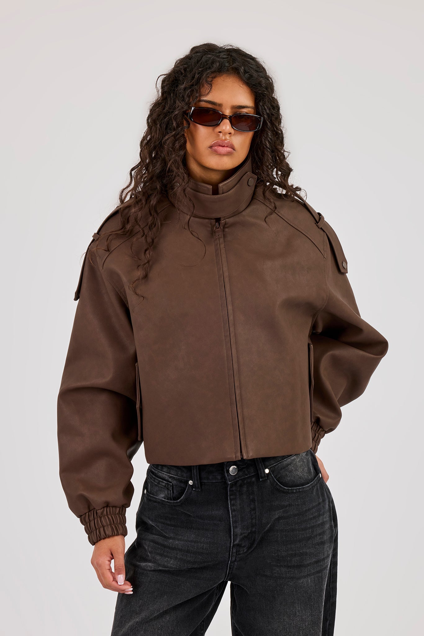 PU Funnel Neck Boxy Jacket - Chocolate