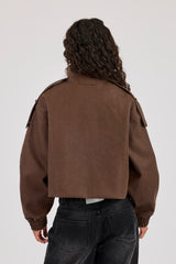 PU Funnel Neck Boxy Jacket - Chocolate