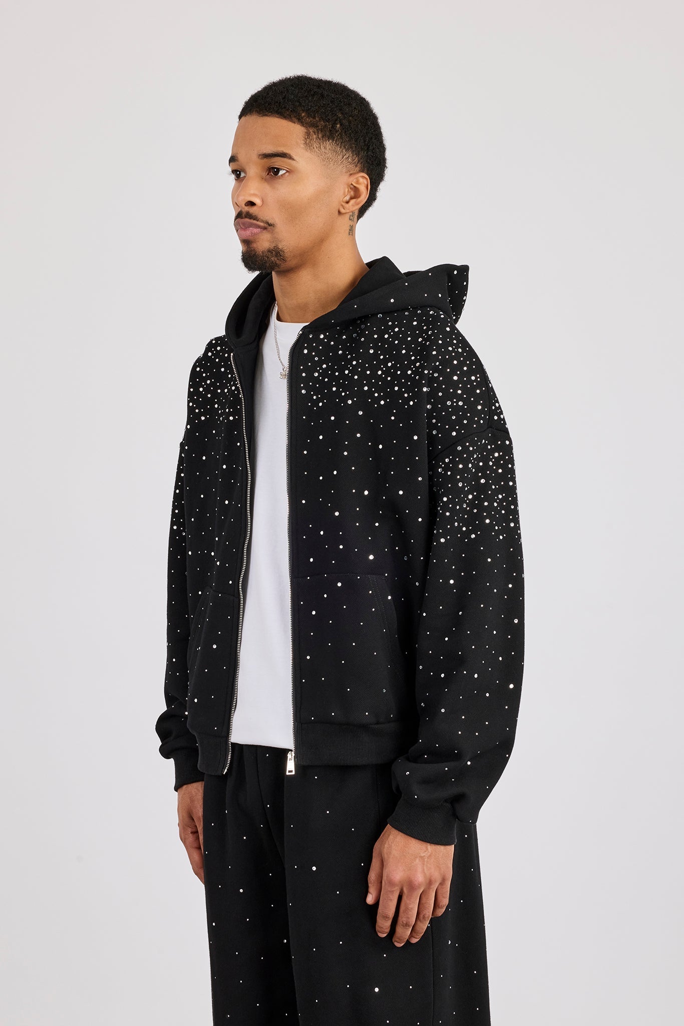 Rhinestone Zip Through Hoodie - Black | Mens Hoodies & Sweats