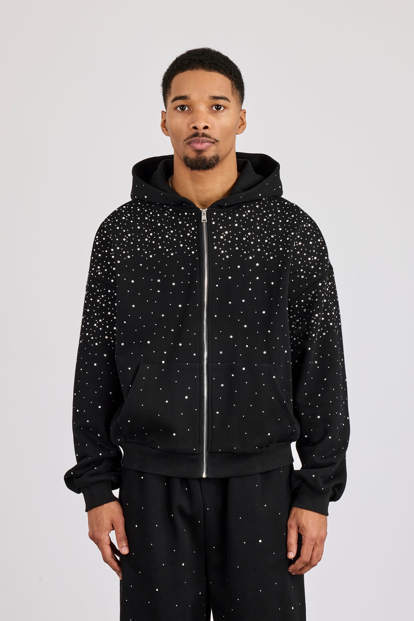 Rhinestone Zip Through Hoodie - Black