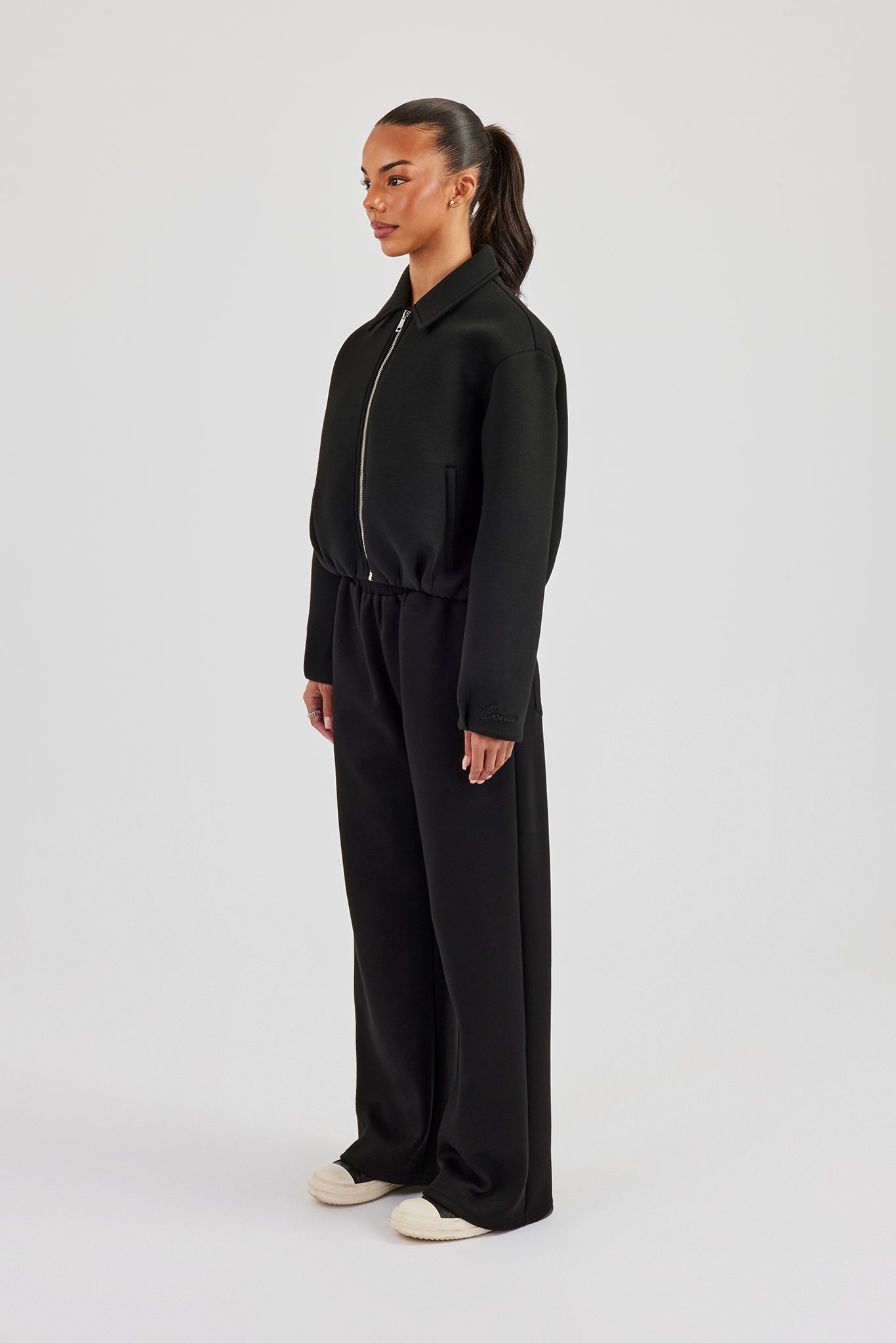 Women's Scuba Harrington Jacket & Wide Leg Jogger - Black