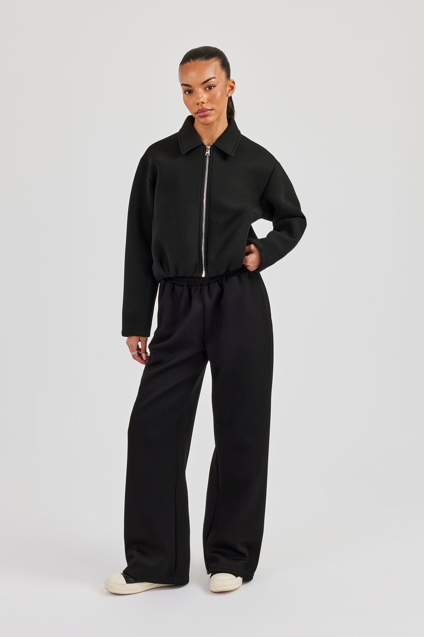 Women's Scuba Harrington Jacket & Wide Leg Jogger - Black