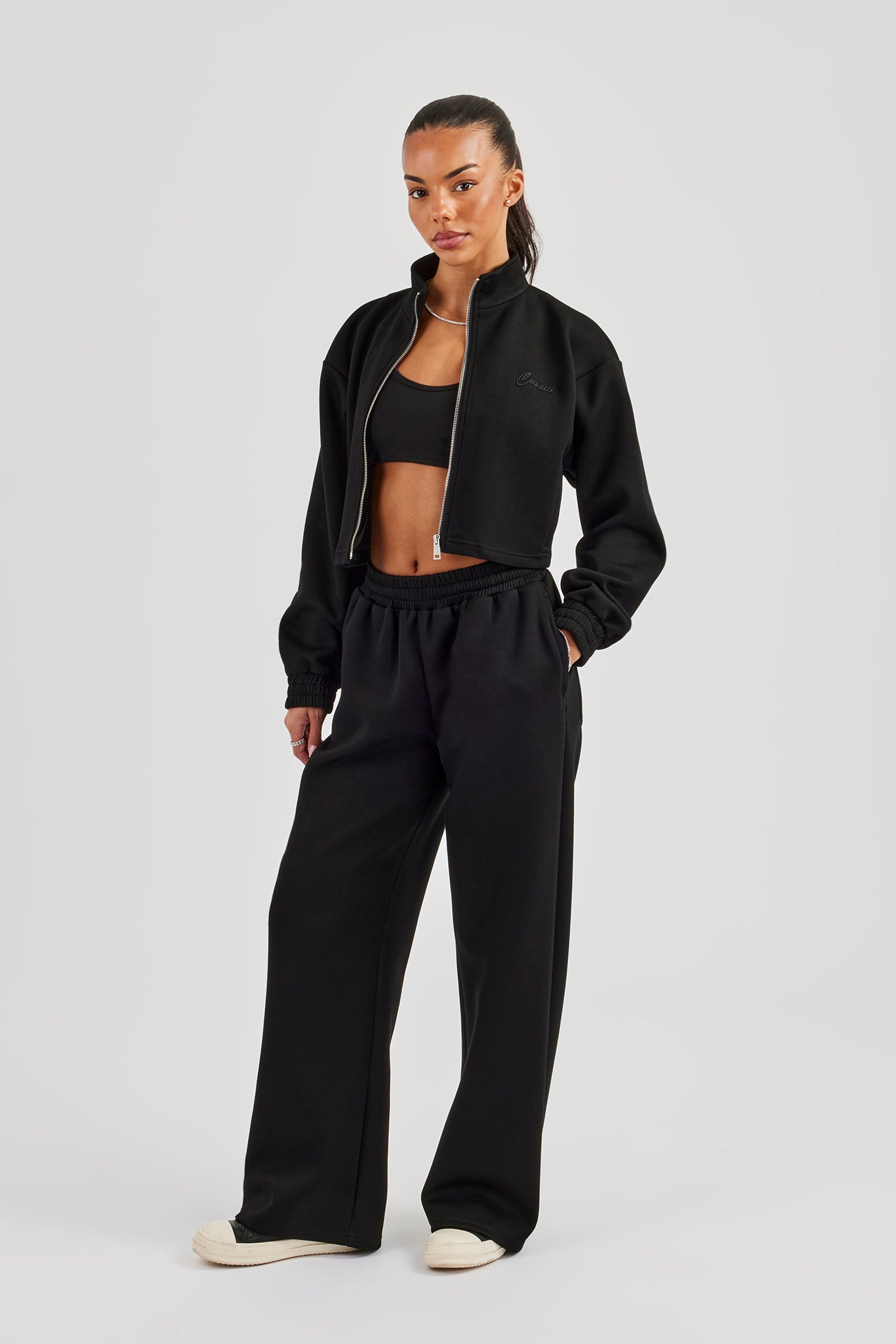Scuba Funnel Neck Crop Jacket & Wide Leg Jogger - Black