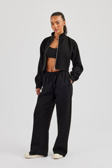 Scuba Funnel Neck Crop Jacket & Wide Leg Jogger - Black