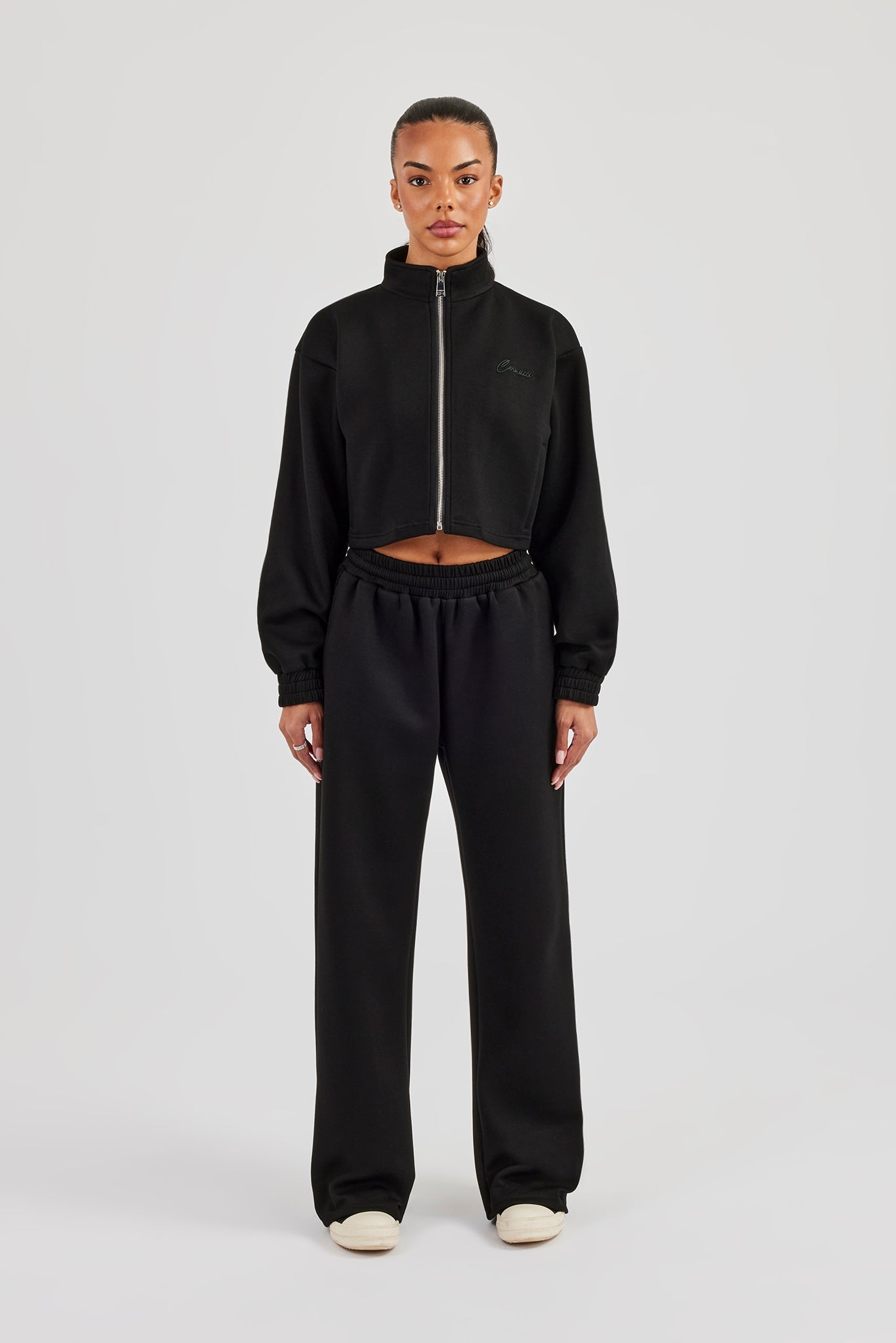 Scuba Funnel Neck Crop Jacket & Wide Leg Jogger - Black