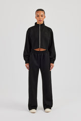 Scuba Funnel Neck Crop Jacket & Wide Leg Jogger - Black