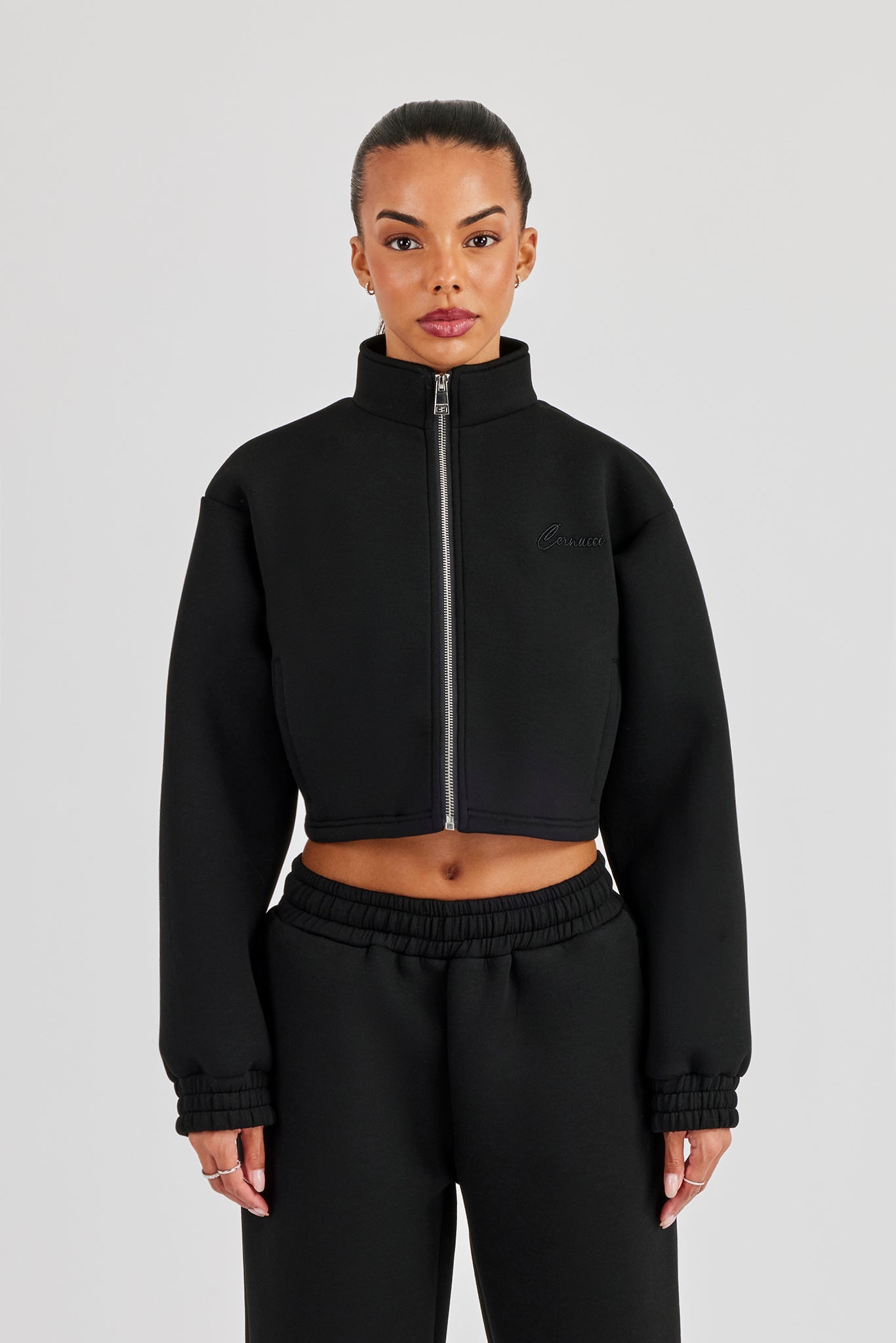 Scuba Funnel Neck Crop Jacket - Black