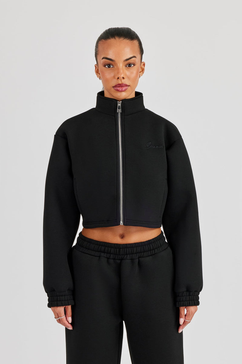 Scuba Funnel Neck Crop Jacket - Black