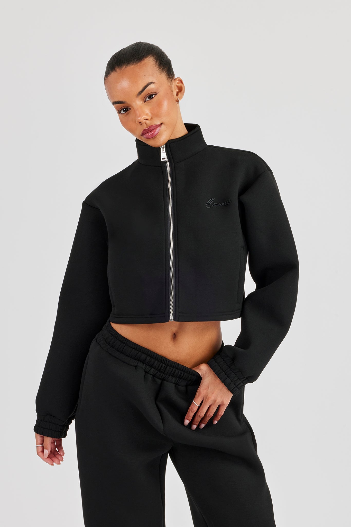 Scuba Funnel Neck Crop Jacket - Black | Womens Outerwear | Shop