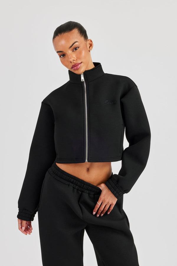 Scuba Funnel Neck Crop Jacket - Black