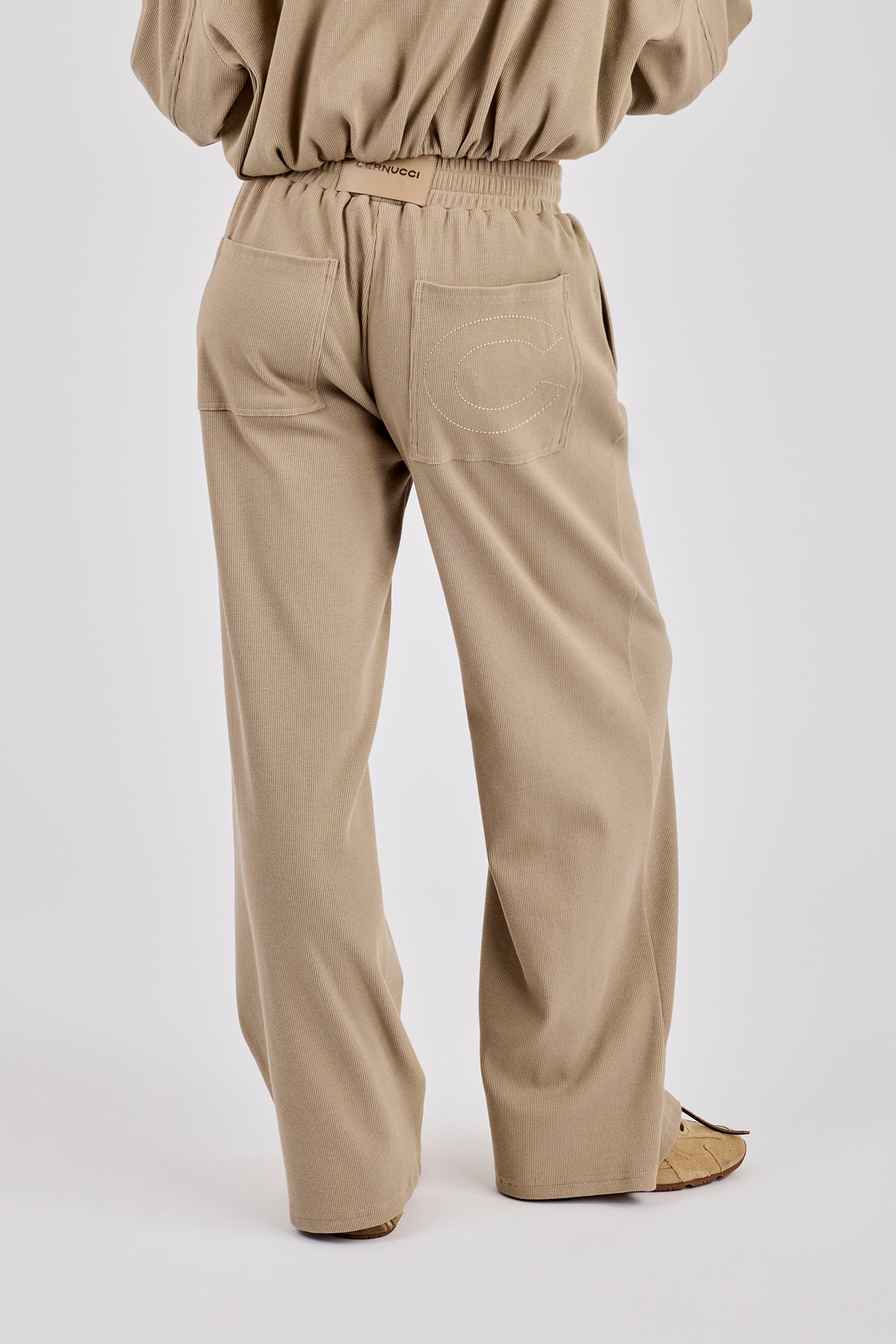 Ottoman Rib Button Wide Leg Jogger - Taupe