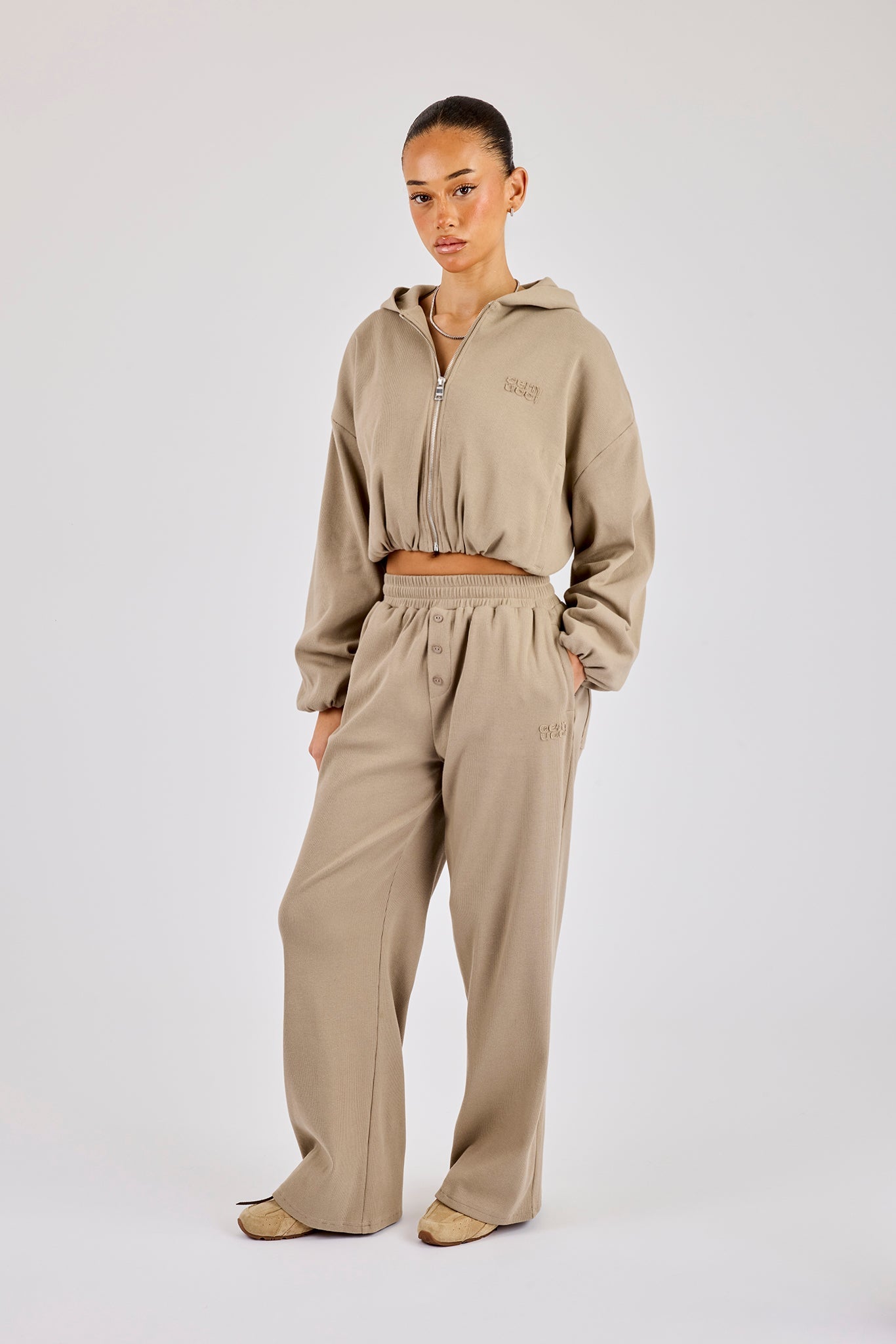 Ottoman Rib Hooded Zip Through & Wide Leg Jogger - Taupe