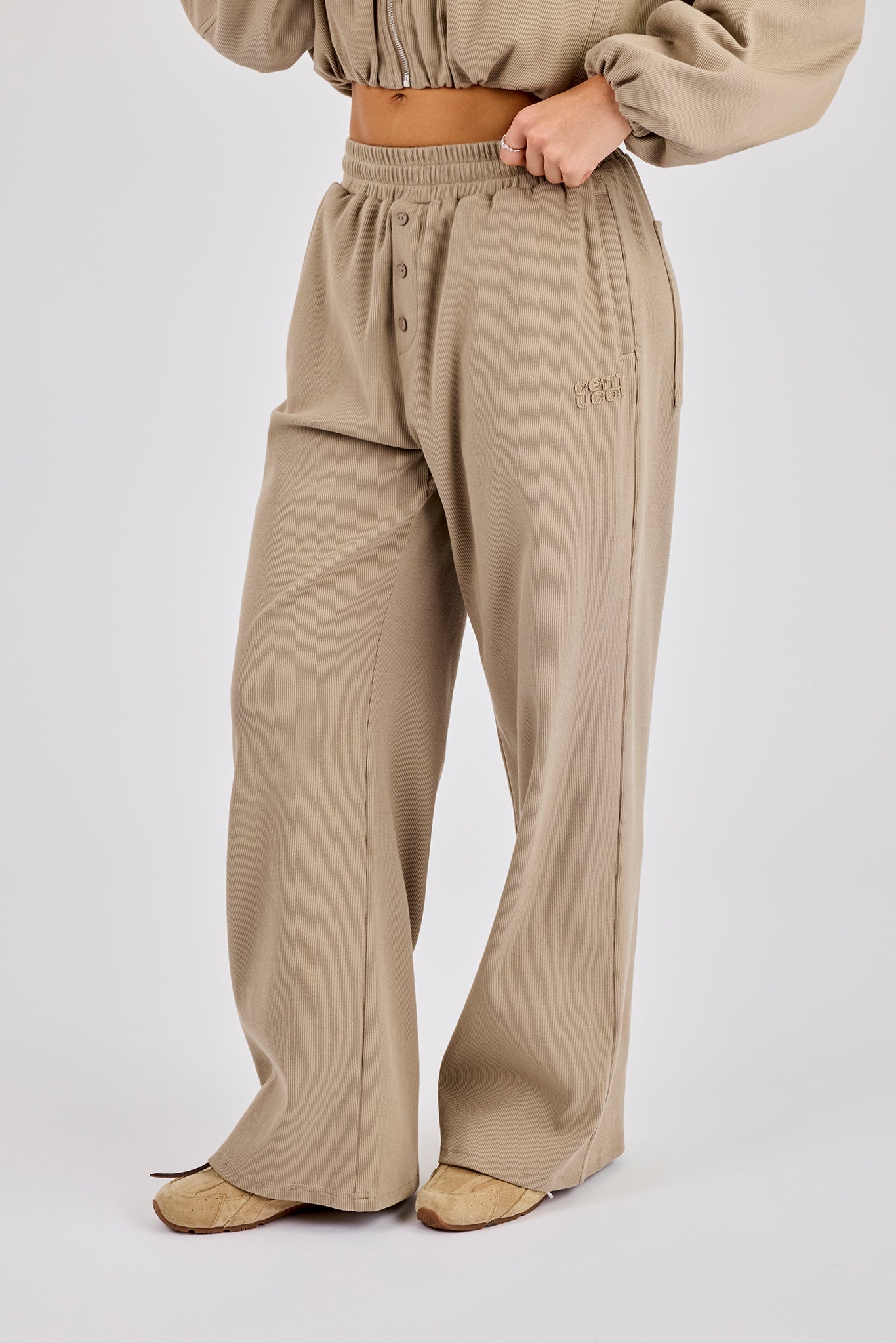 Ottoman Rib Button Wide Leg Jogger - Taupe