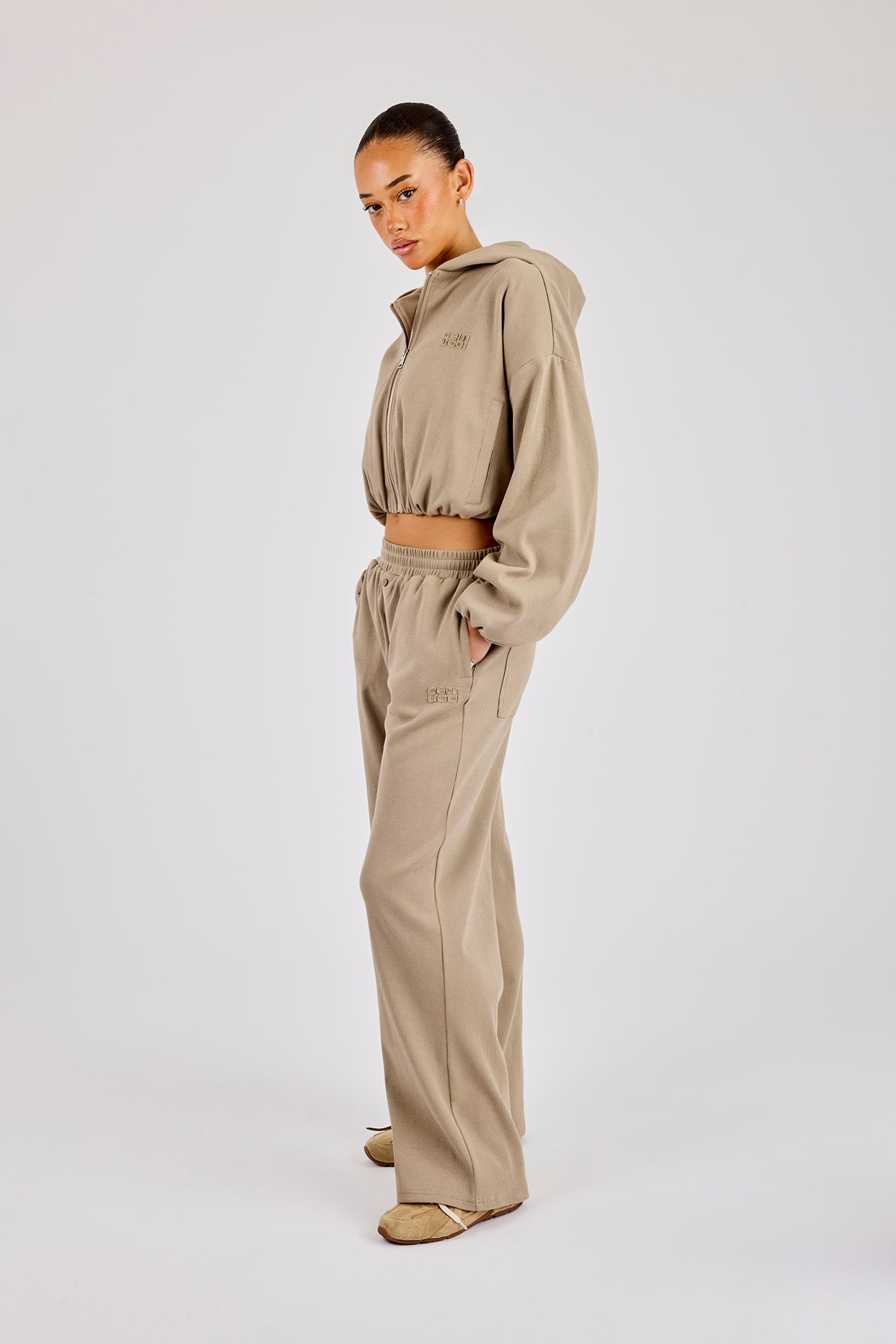 Ottoman Rib Hooded Zip Through & Wide Leg Jogger - Taupe