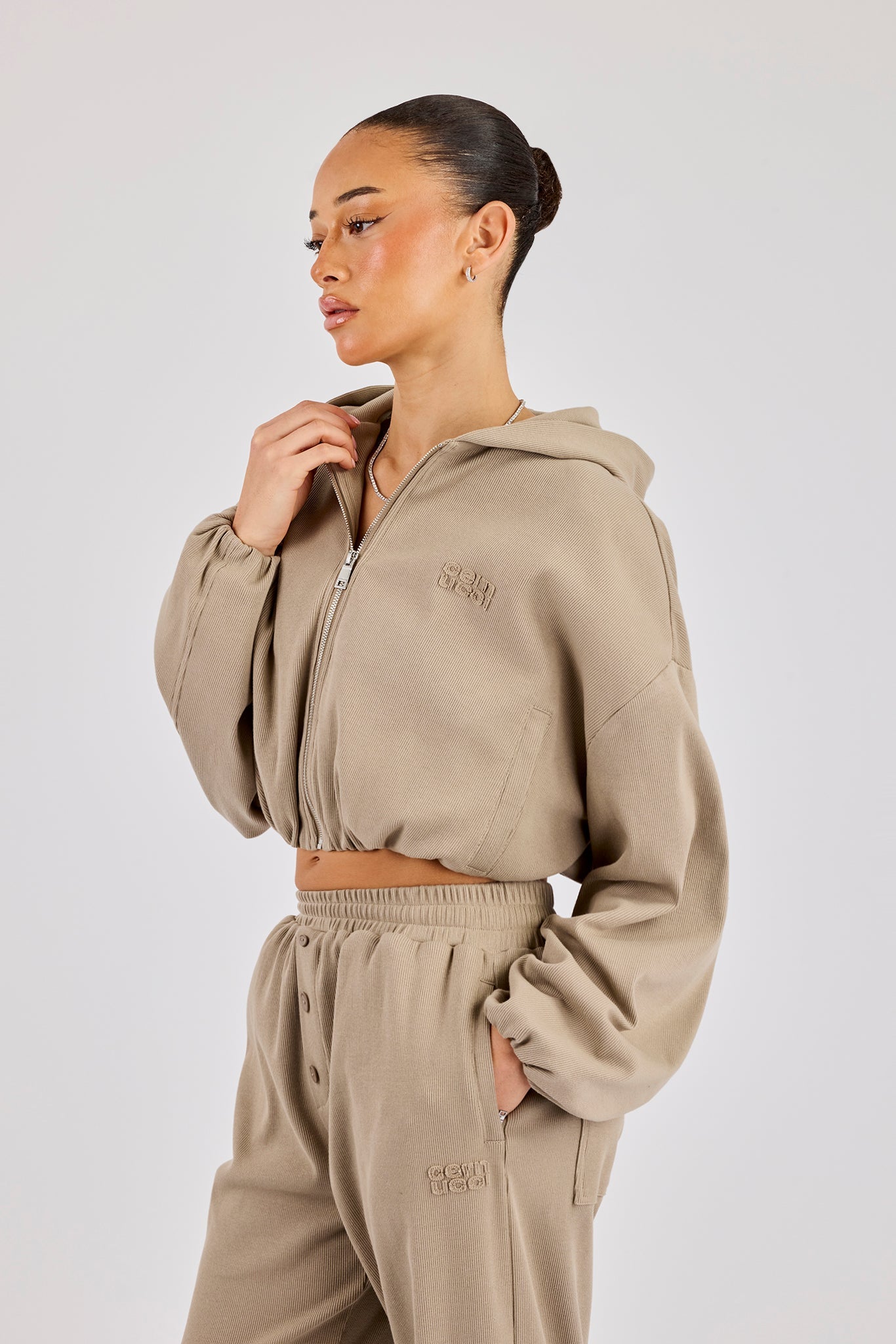 Ottoman Rib Hooded Zip Through - Taupe