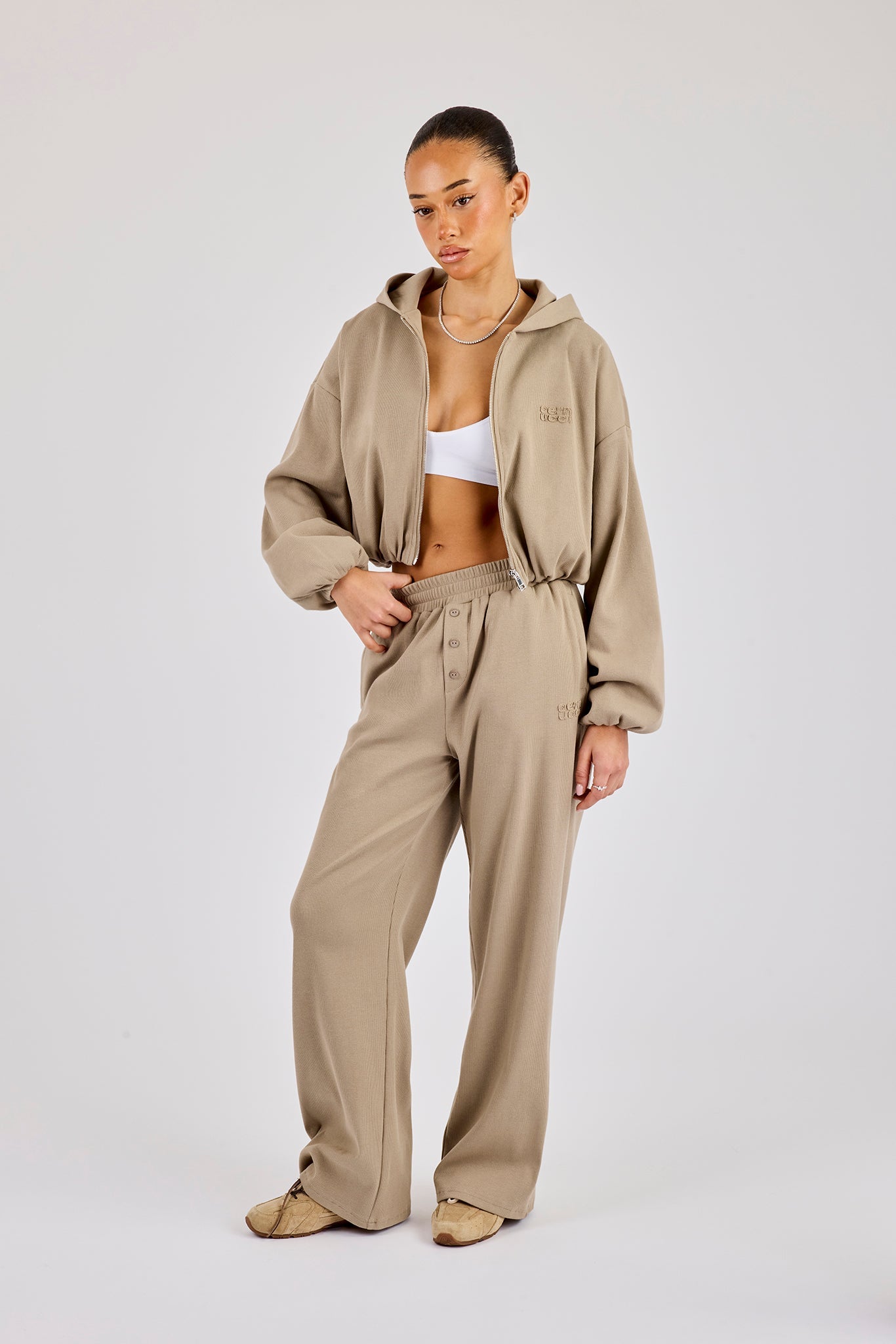 Ottoman Rib Hooded Zip Through & Wide Leg Jogger - Taupe