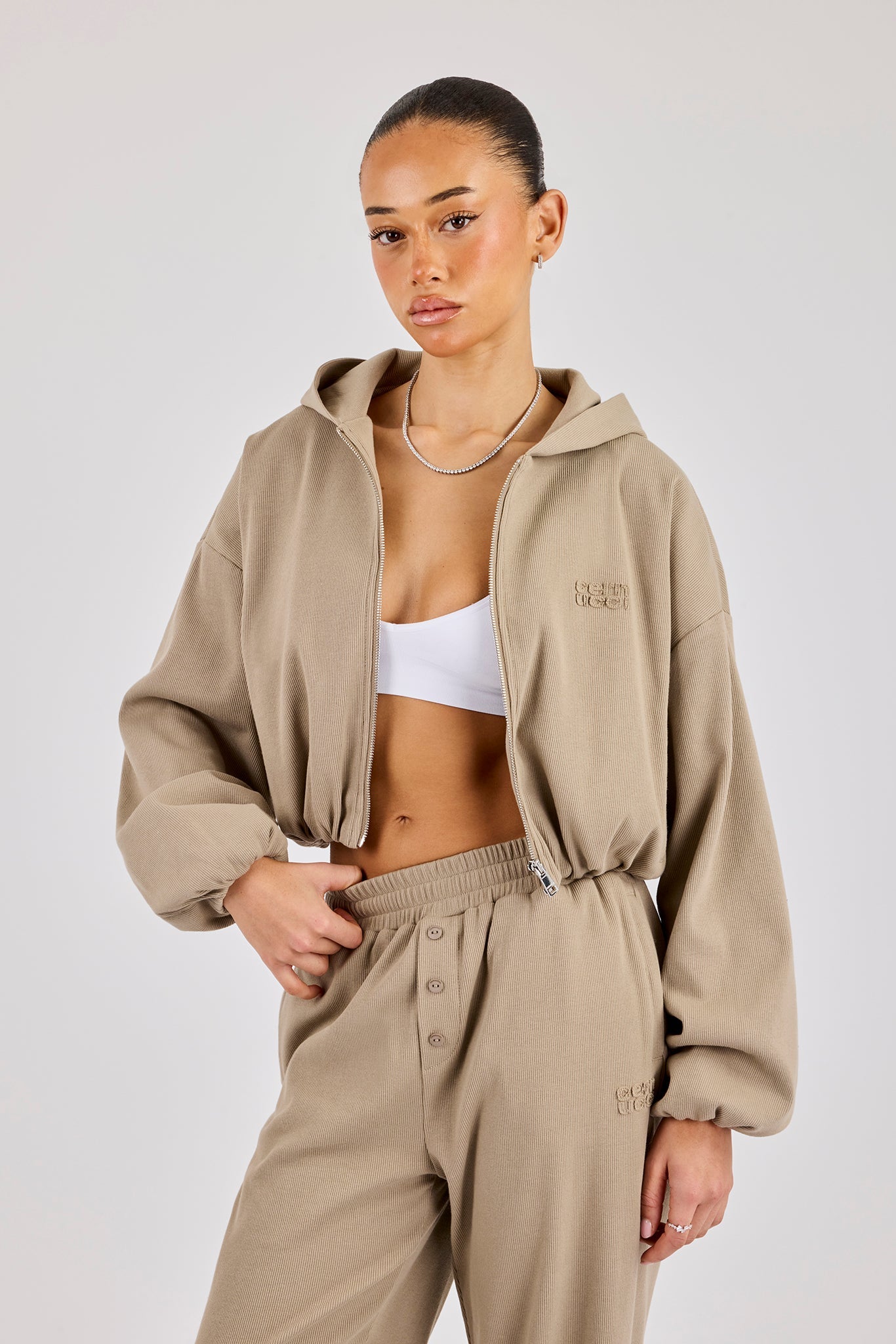 Ottoman Rib Hooded Zip Through - Taupe