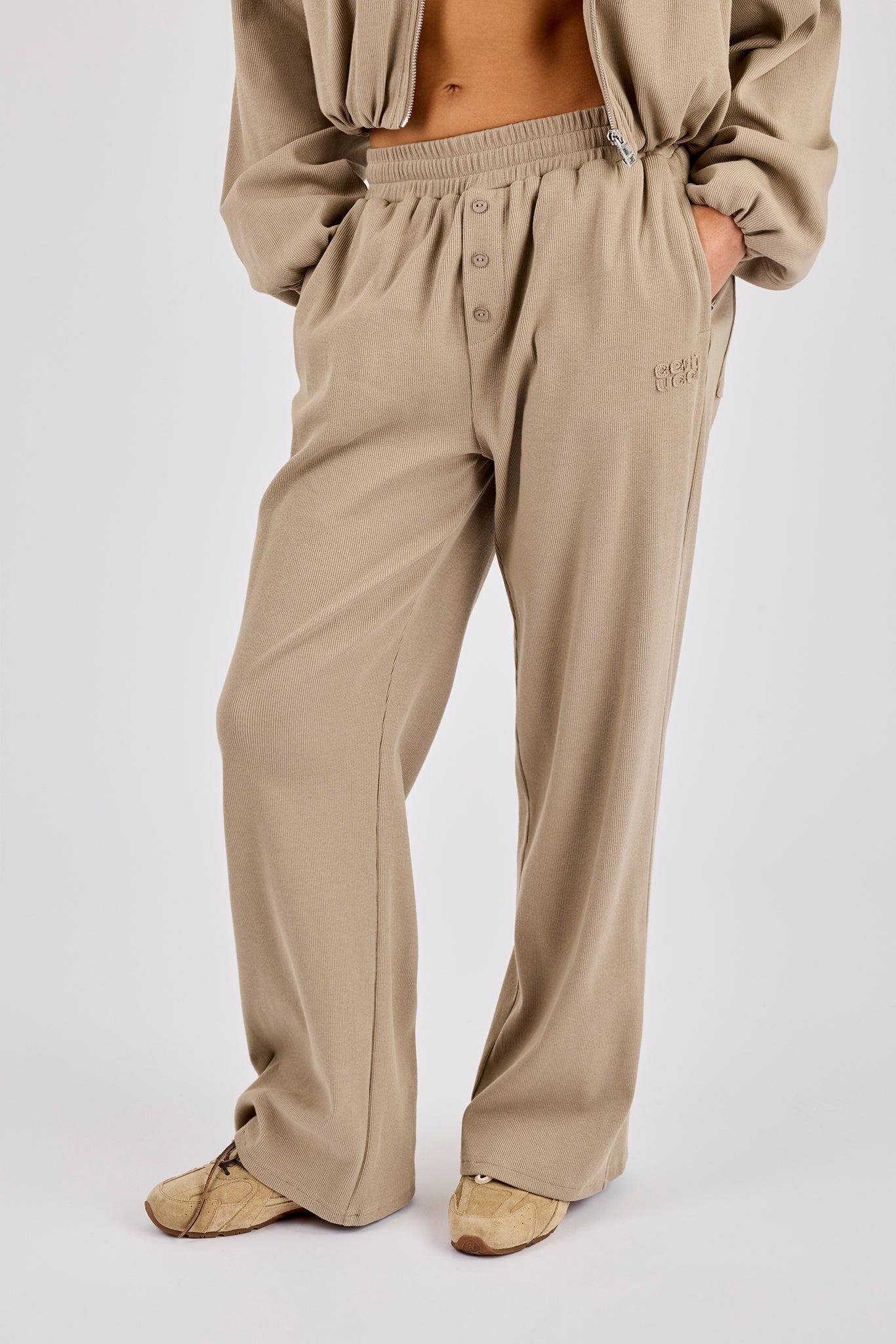 Ottoman Rib Button Wide Leg Jogger - Taupe
