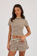 Double Stripe Soft Touch Short Sleeve Top & Short - Beige