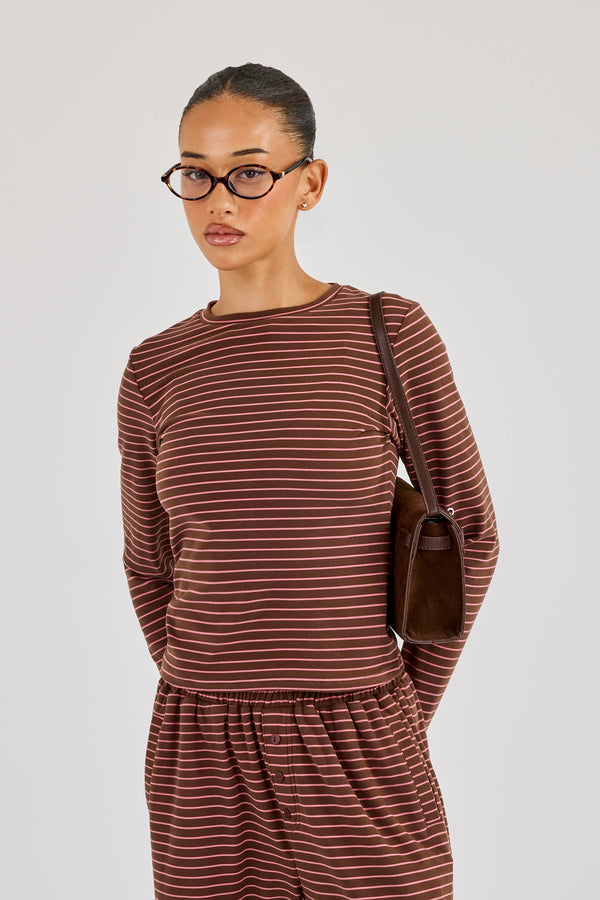 Pink Stripe Soft Touch Long Sleeve Top - Chocolate
