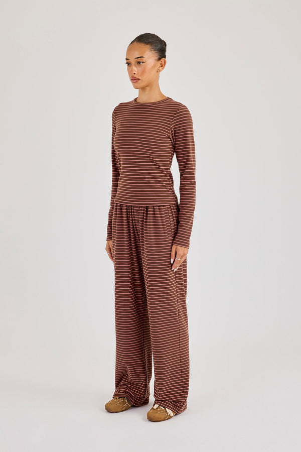 Pink Stripe Soft Touch Long Sleeve Top & Button Detail Wide Leg Jogger - Chocolate