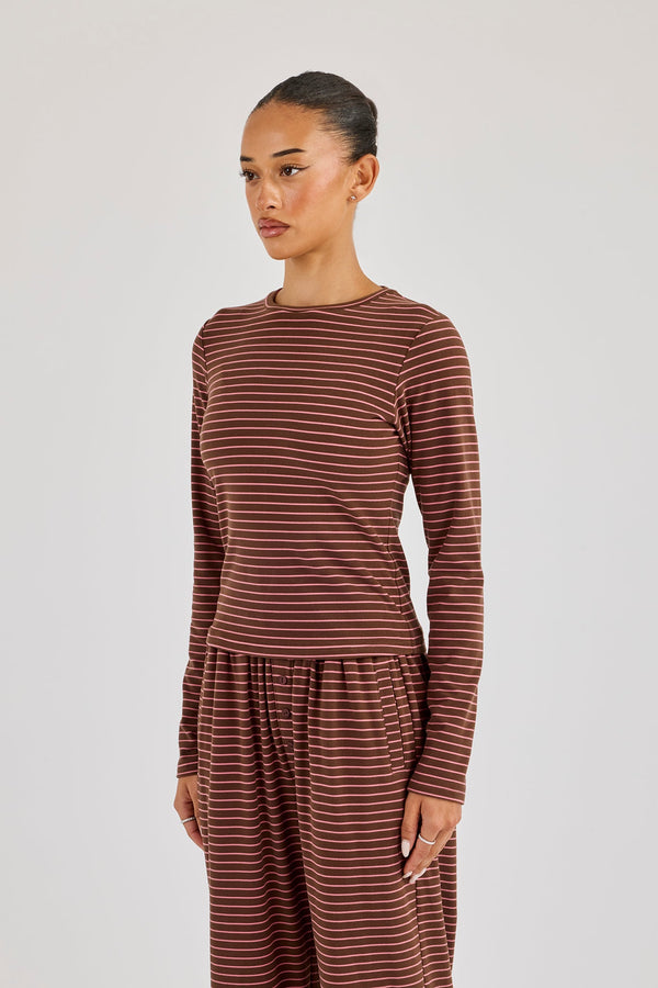 Pink Stripe Soft Touch Long Sleeve Top - Chocolate