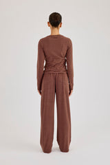 Pink Stripe Soft Touch Long Sleeve Top & Button Detail Wide Leg Jogger - Chocolate
