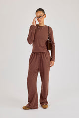 Pink Stripe Soft Touch Long Sleeve Top & Button Detail Wide Leg Jogger - Chocolate