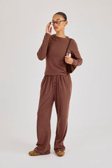 Pink Stripe Soft Touch Long Sleeve Top & Button Detail Wide Leg Jogger - Chocolate