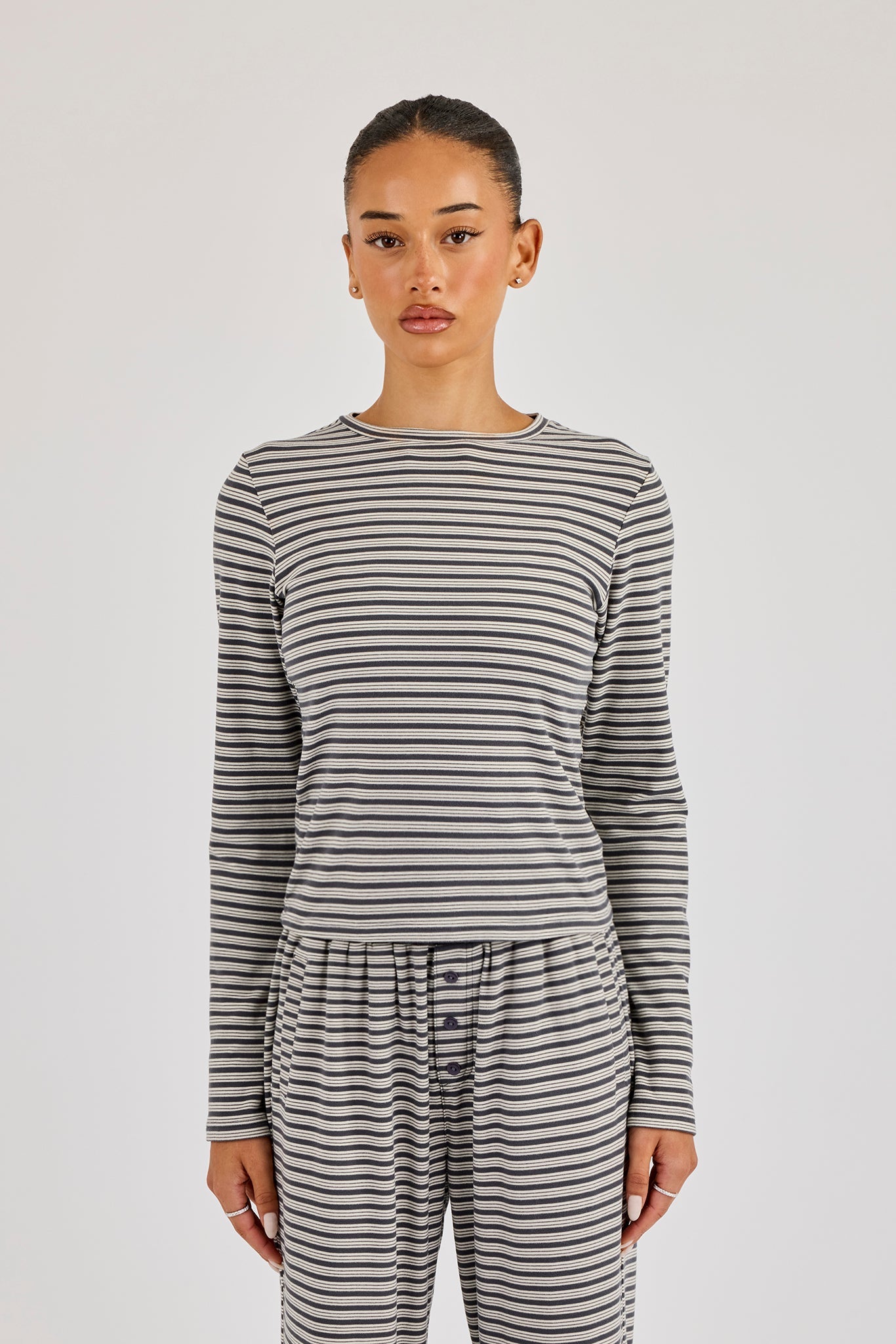 Stripe Soft Touch Long Sleeve Top - Grey