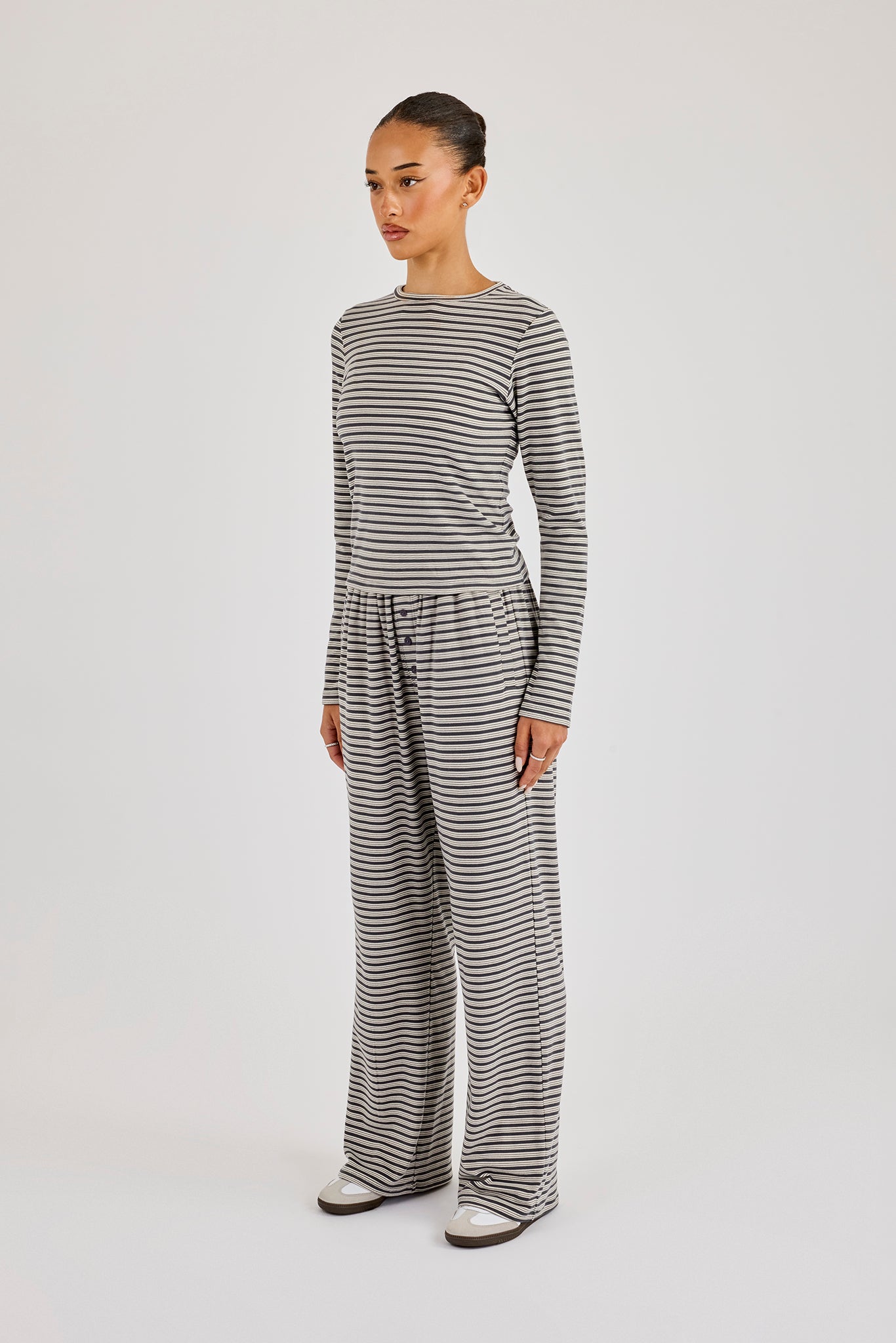 Stripe Soft Touch Long Sleeve Top & Button Detail Wide Leg Jogger - Grey
