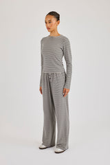Stripe Soft Touch Long Sleeve Top & Button Detail Wide Leg Jogger - Grey