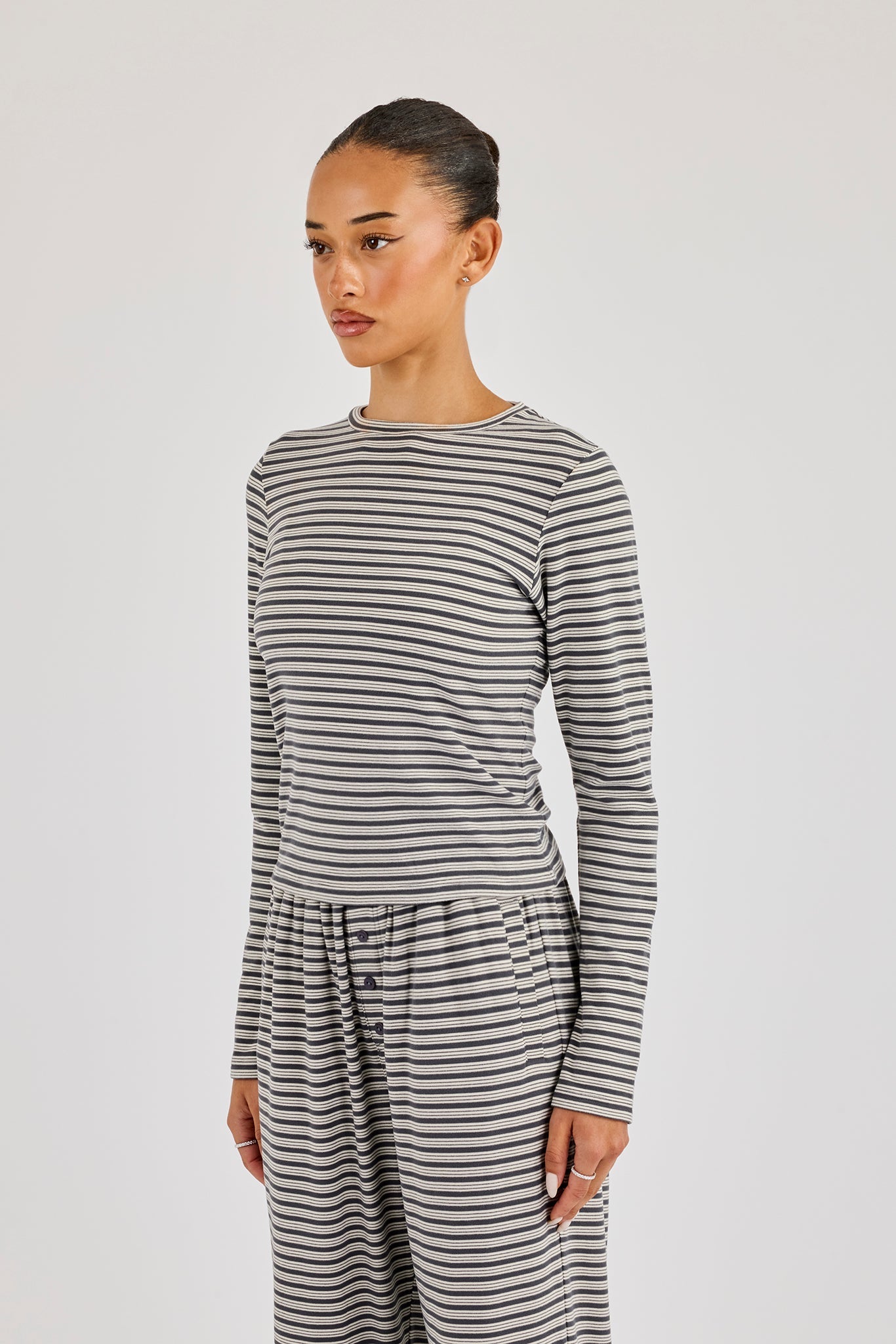 Stripe Soft Touch Long Sleeve Top - Grey