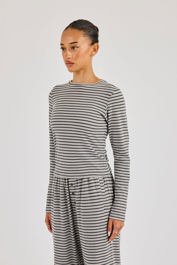 Stripe Soft Touch Long Sleeve Top - Grey