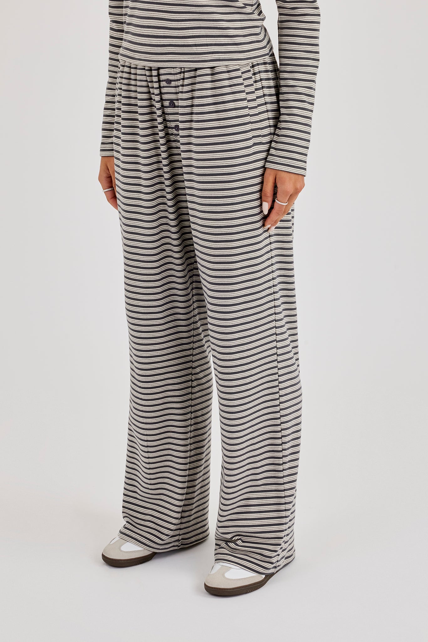 Stripe Soft Touch Button Detail Wide Leg Jogger - Grey