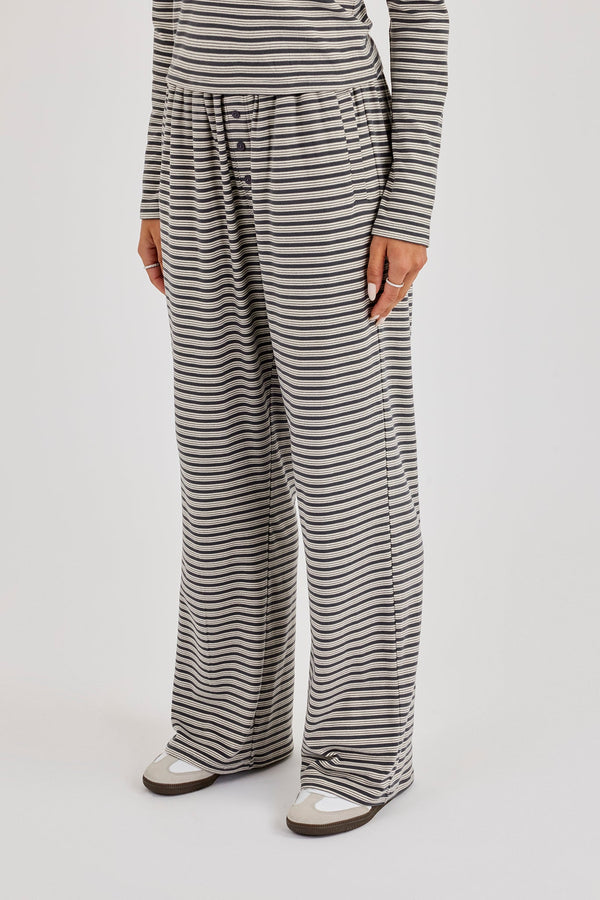 Stripe Soft Touch Button Detail Wide Leg Jogger - Grey