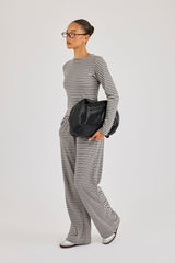 Stripe Soft Touch Long Sleeve Top & Button Detail Wide Leg Jogger - Grey