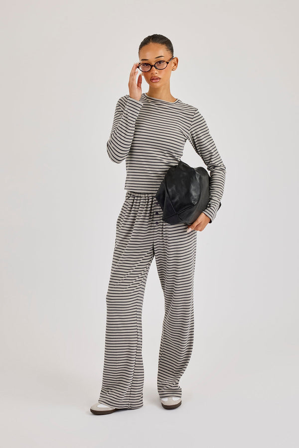 Stripe Soft Touch Long Sleeve Top & Button Detail Wide Leg Jogger - Grey