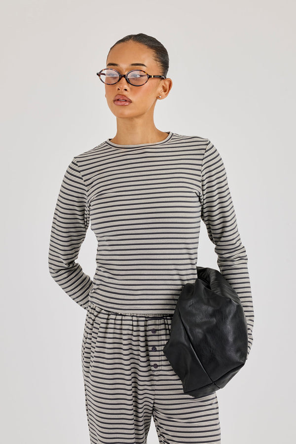 Stripe Soft Touch Long Sleeve Top - Grey