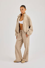Suede Biker Jacket & Wide Leg Jogger - Beige