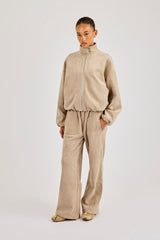 Suede Biker Jacket & Wide Leg Jogger - Beige