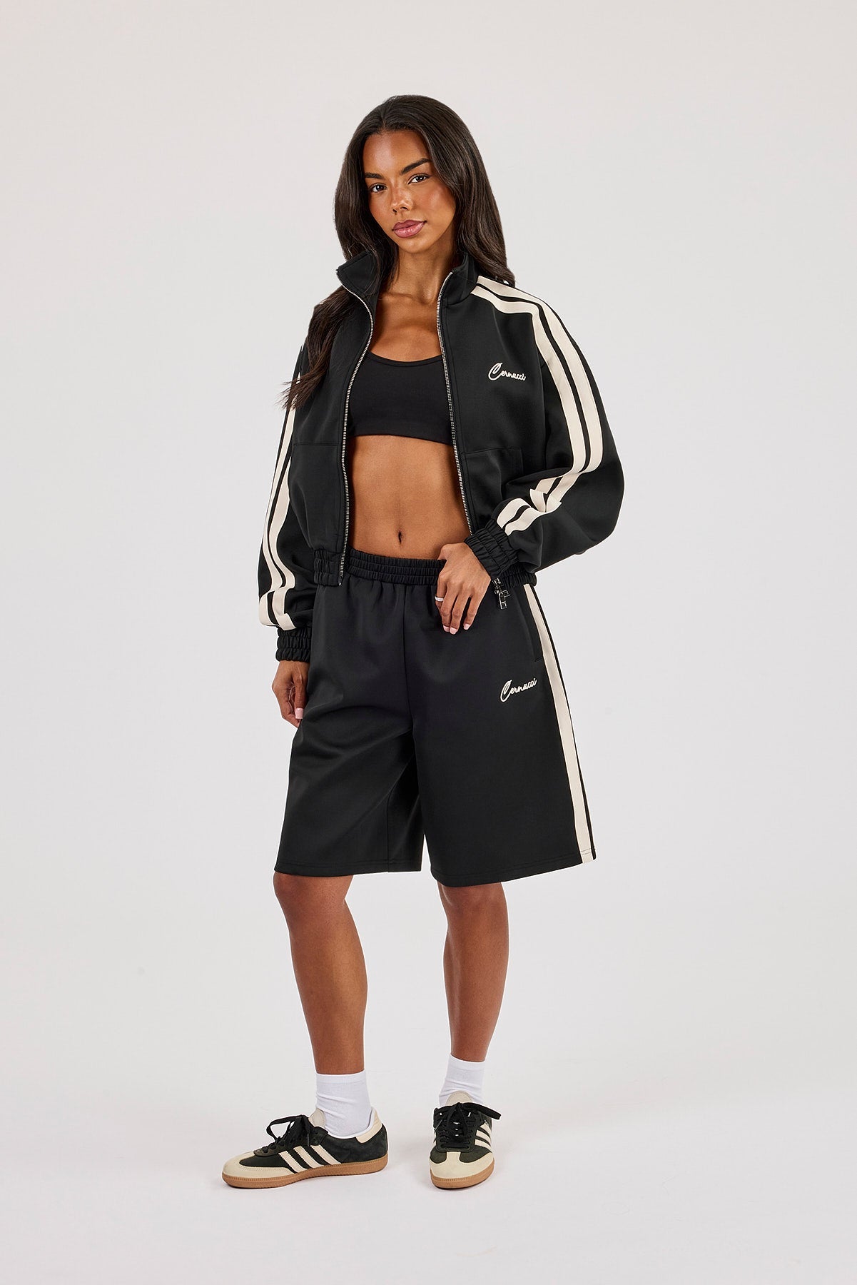 Taping Cropped Funnel Neck Jacket & Jort - Black