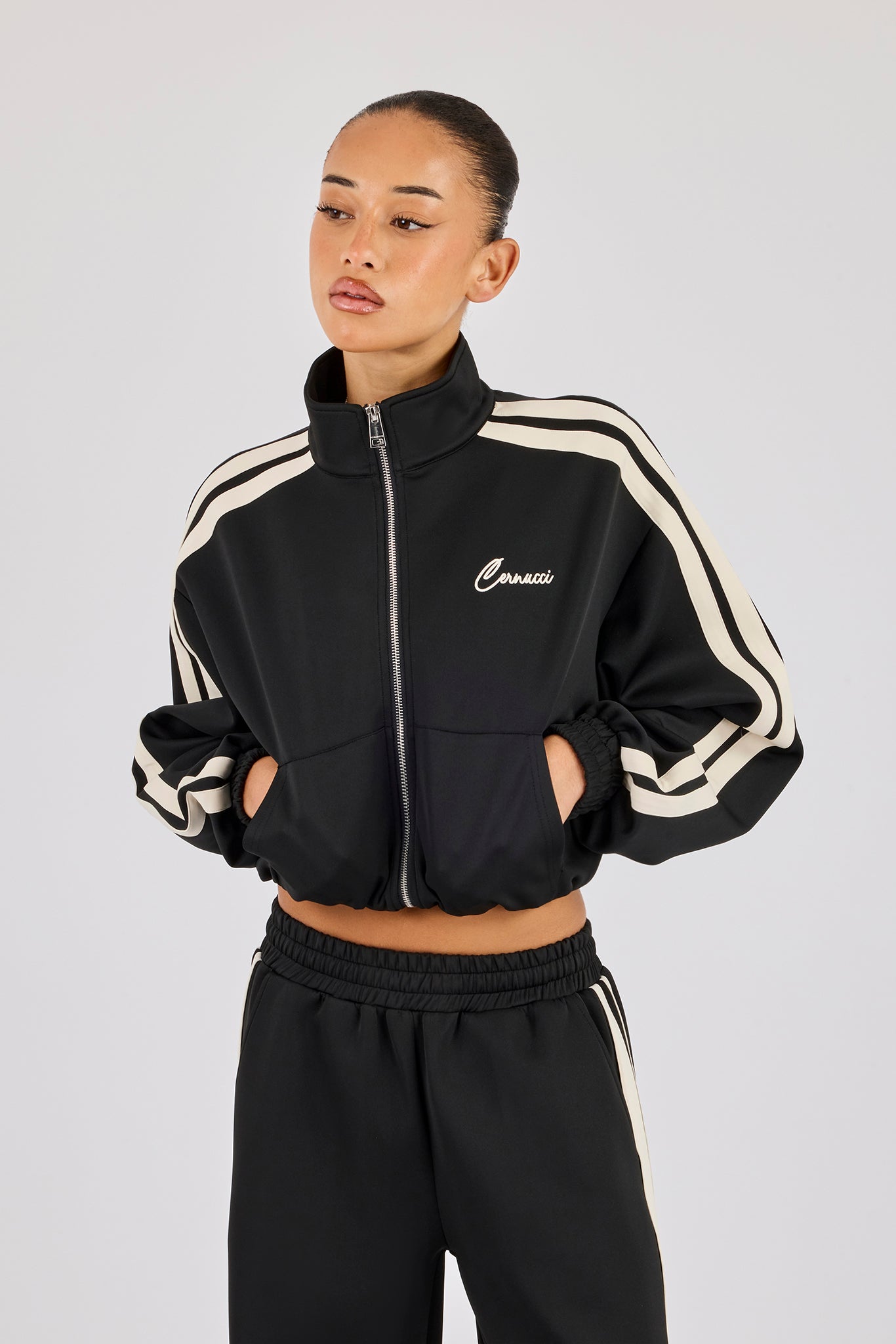 Taping Cropped Funnel Neck Jacket - Black