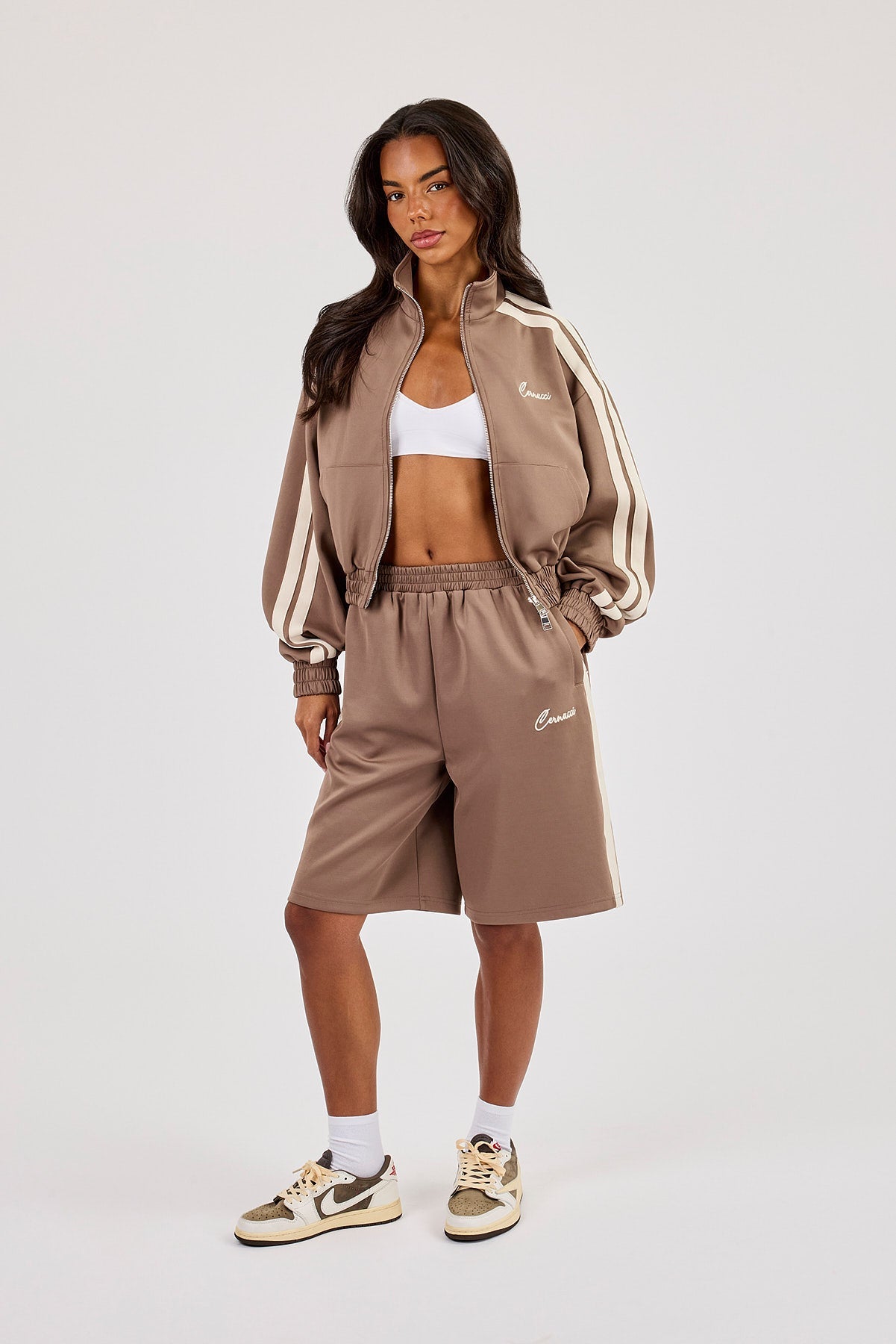 Taping Cropped Funnel Neck Jacket & Jort - Taupe