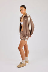 Funnel Neck Taping Zip Through Track Jacket & Micro Short - Taupe